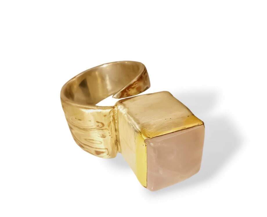 Unique Mokume gane ring with rose quartz on 18K gold