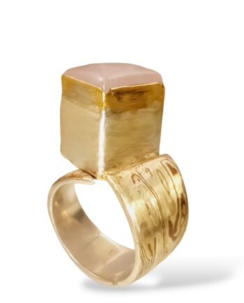 Unique Mokume gane ring with rose quartz on 18K gold