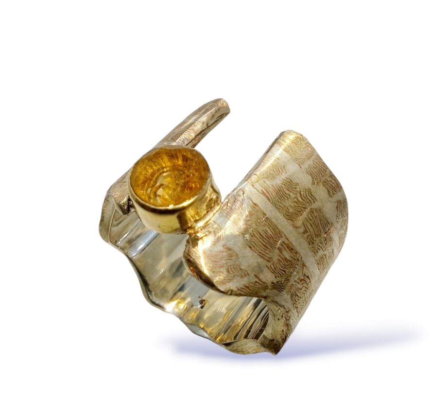 Unique mosaic mokume ring with citrine on 18K gold