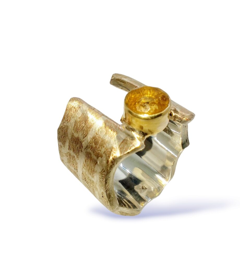 Unique mosaic mokume ring with citrine on 18K gold