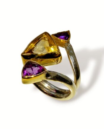 Χειροποίητο δαχτυλίδι με lemon quartz και αμέθυστο δεμένα σε 18Κ χρυσο