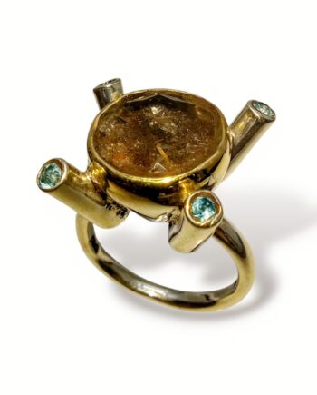 Handmade ring with rutile blue topaz silver and 18K gold